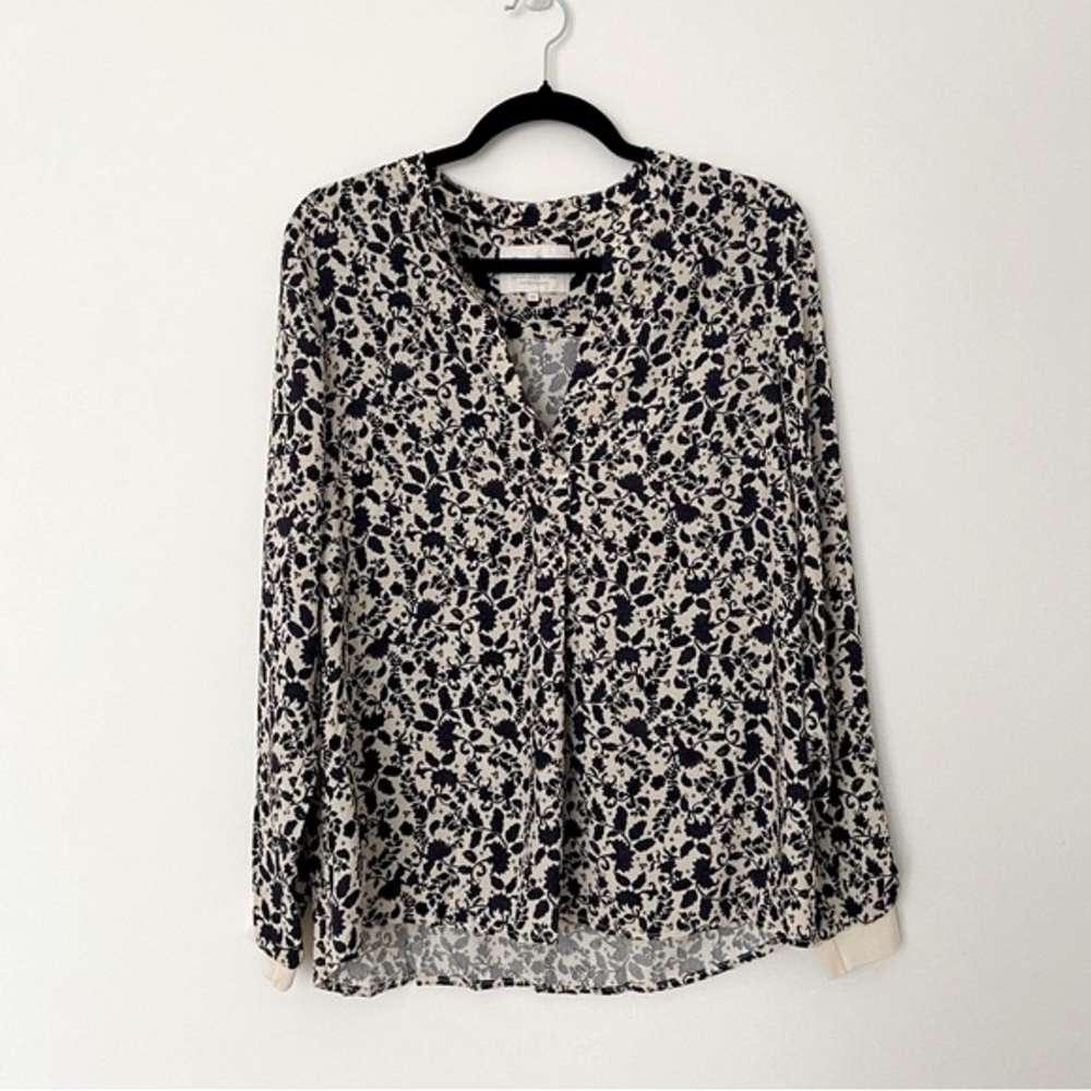 Part Two Floral Long Sleeve Blouse Tunic size 4 Popover V Neck Grey Blue